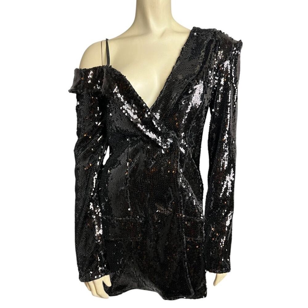 NWT Pretty Little Things Sequin Off Shoulder Blazer Dress Black Women 2 Elegance